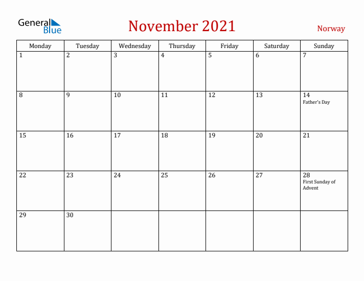 Norway November 2021 Calendar - Monday Start