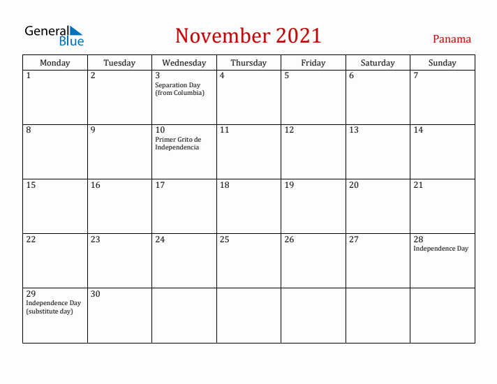 Panama November 2021 Calendar - Monday Start