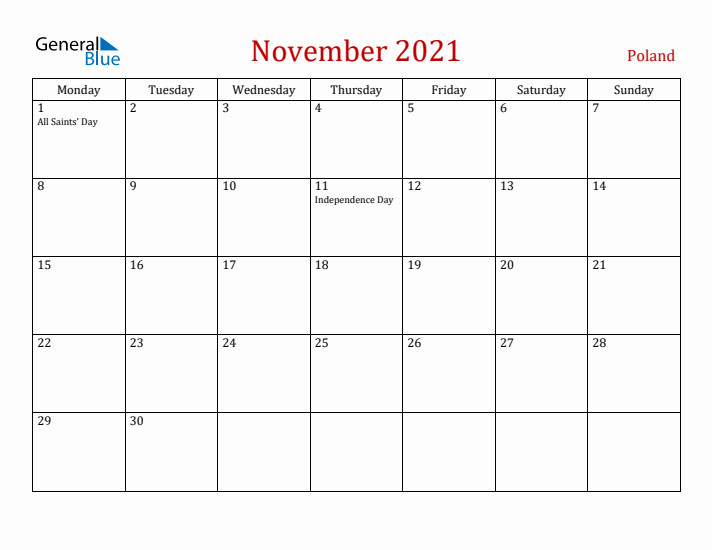 Poland November 2021 Calendar - Monday Start