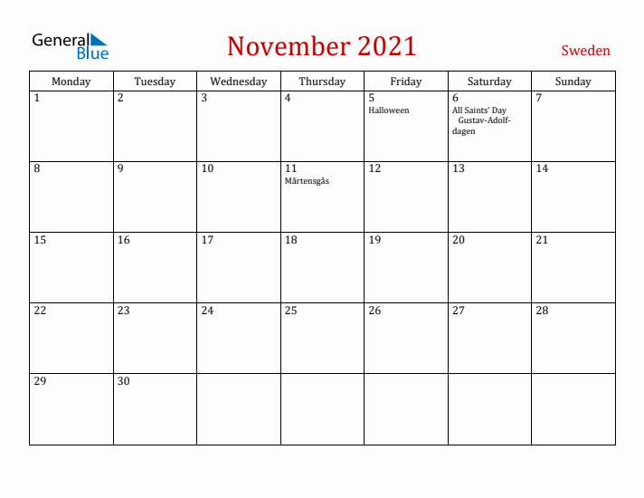 Sweden November 2021 Calendar - Monday Start