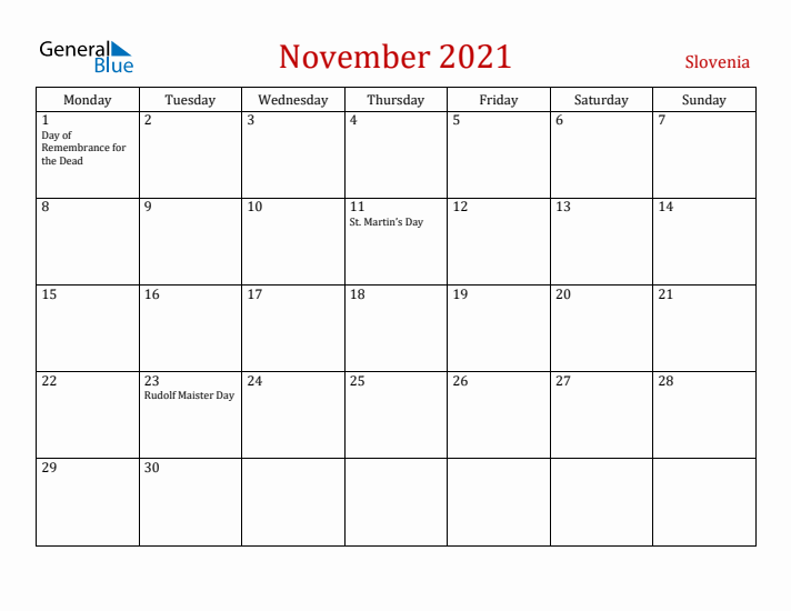 Slovenia November 2021 Calendar - Monday Start