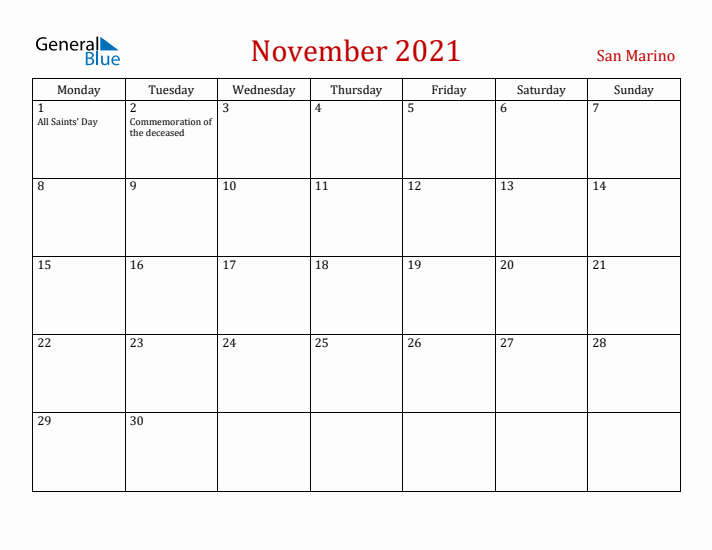 San Marino November 2021 Calendar - Monday Start