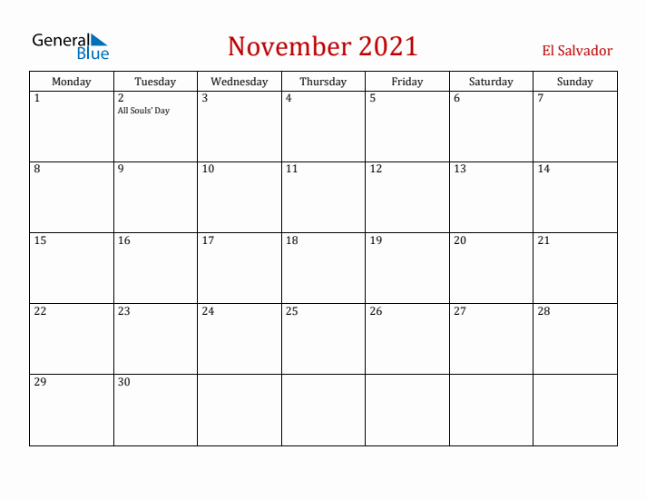 El Salvador November 2021 Calendar - Monday Start
