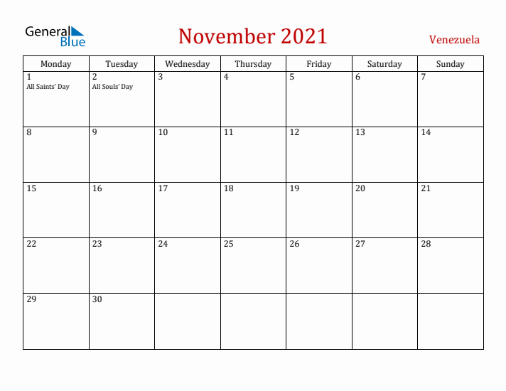 Venezuela November 2021 Calendar - Monday Start