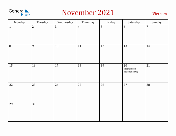 Vietnam November 2021 Calendar - Monday Start