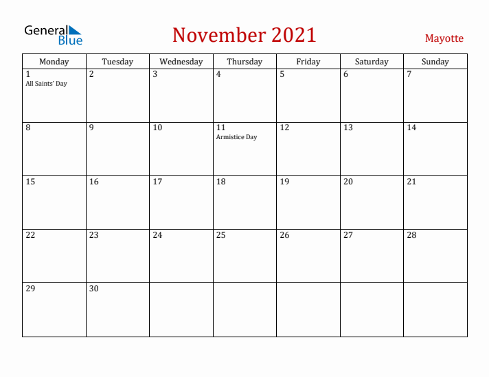 Mayotte November 2021 Calendar - Monday Start