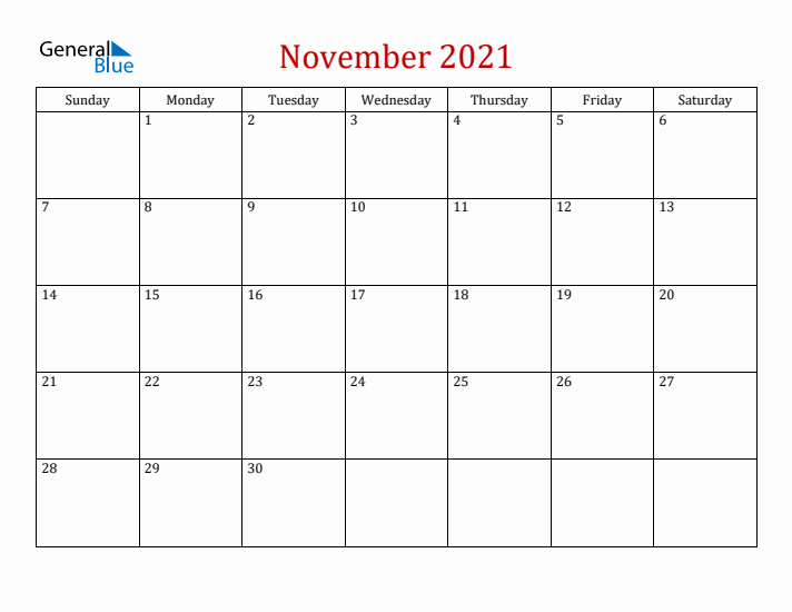 Blank November 2021 Calendar with Sunday Start