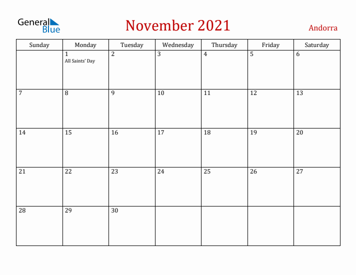Andorra November 2021 Calendar - Sunday Start