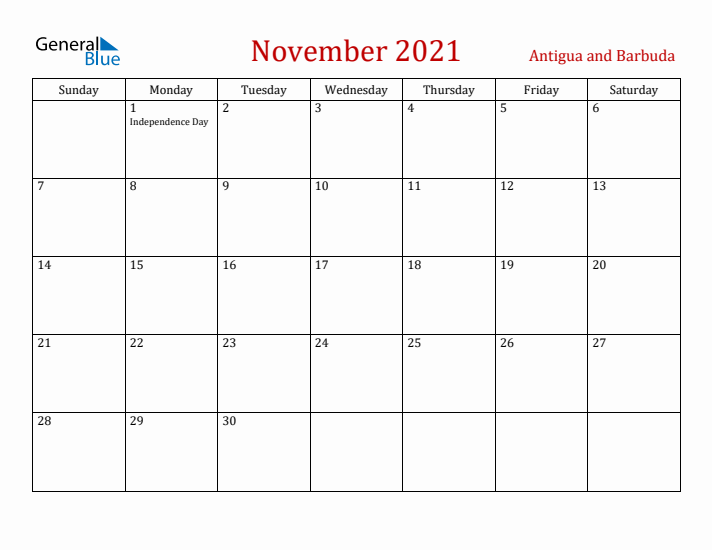 Antigua and Barbuda November 2021 Calendar - Sunday Start