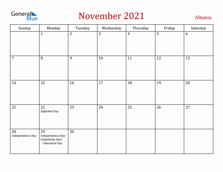 Albania November 2021 Calendar - Sunday Start
