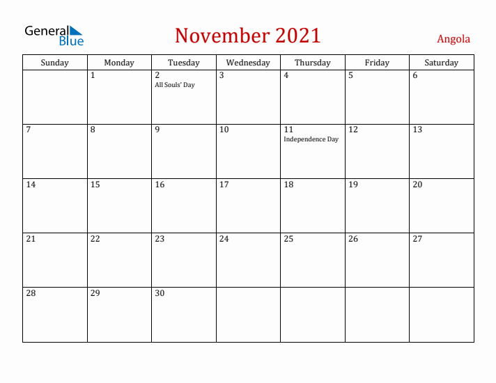 Angola November 2021 Calendar - Sunday Start