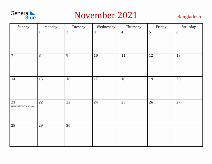 Bangladesh November 2021 Calendar - Sunday Start