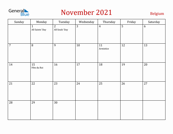 Belgium November 2021 Calendar - Sunday Start