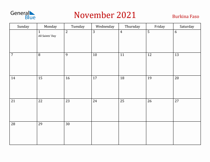 Burkina Faso November 2021 Calendar - Sunday Start