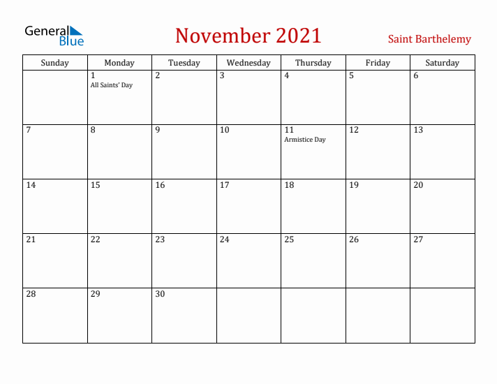 Saint Barthelemy November 2021 Calendar - Sunday Start