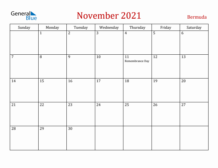 Bermuda November 2021 Calendar - Sunday Start