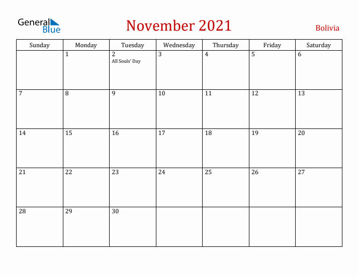 Bolivia November 2021 Calendar - Sunday Start