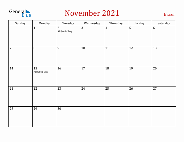 Brazil November 2021 Calendar - Sunday Start
