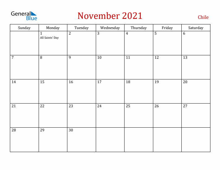 Chile November 2021 Calendar - Sunday Start