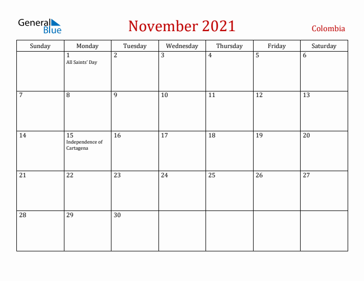 Colombia November 2021 Calendar - Sunday Start