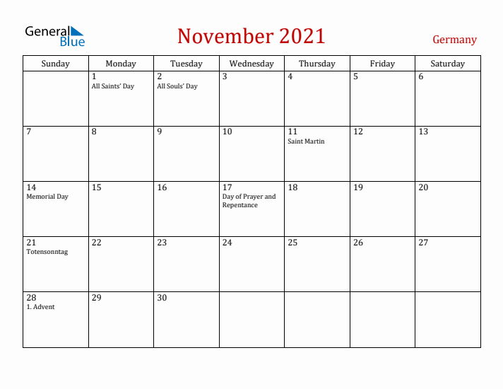 Germany November 2021 Calendar - Sunday Start