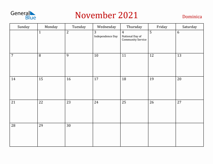 Dominica November 2021 Calendar - Sunday Start