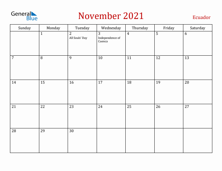 Ecuador November 2021 Calendar - Sunday Start