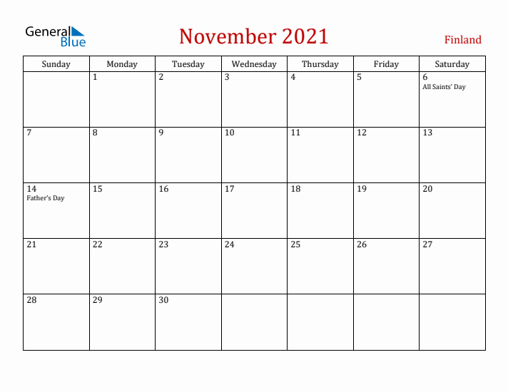 Finland November 2021 Calendar - Sunday Start