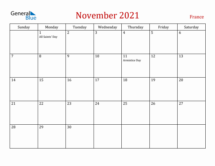 France November 2021 Calendar - Sunday Start
