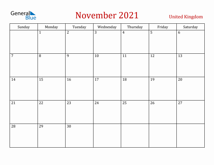 United Kingdom November 2021 Calendar - Sunday Start