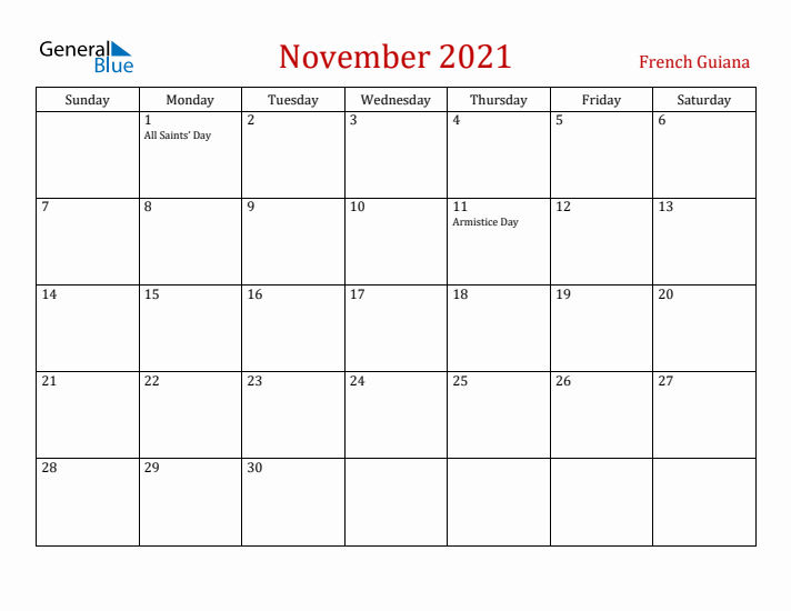 French Guiana November 2021 Calendar - Sunday Start
