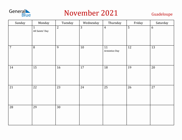 Guadeloupe November 2021 Calendar - Sunday Start