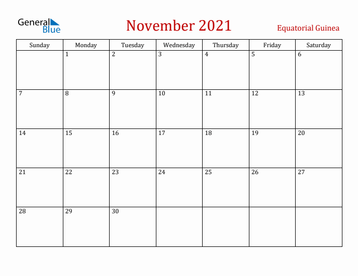 Equatorial Guinea November 2021 Calendar - Sunday Start