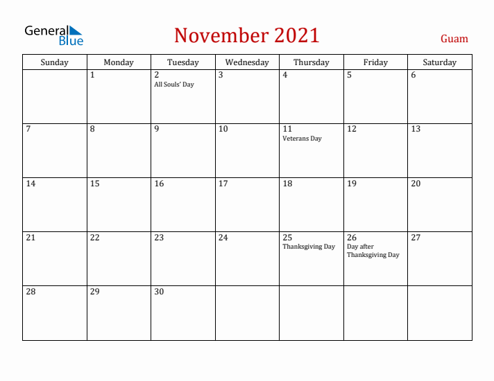 Guam November 2021 Calendar - Sunday Start
