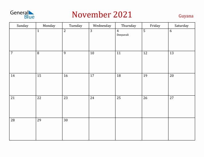 Guyana November 2021 Calendar - Sunday Start