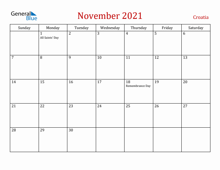 Croatia November 2021 Calendar - Sunday Start