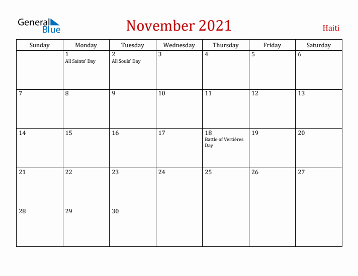 Haiti November 2021 Calendar - Sunday Start