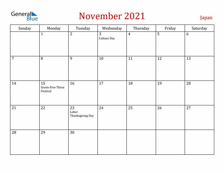 Japan November 2021 Calendar - Sunday Start