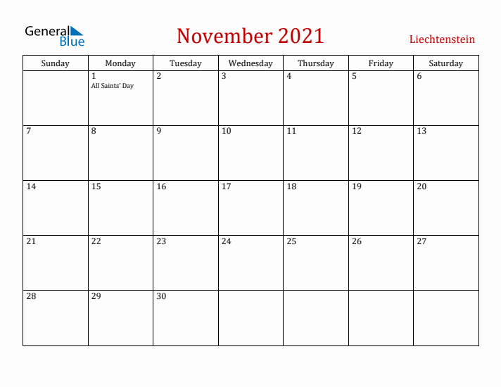 Liechtenstein November 2021 Calendar - Sunday Start