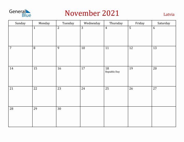 Latvia November 2021 Calendar - Sunday Start