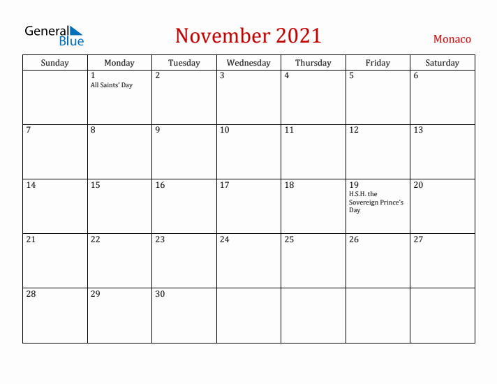 Monaco November 2021 Calendar - Sunday Start