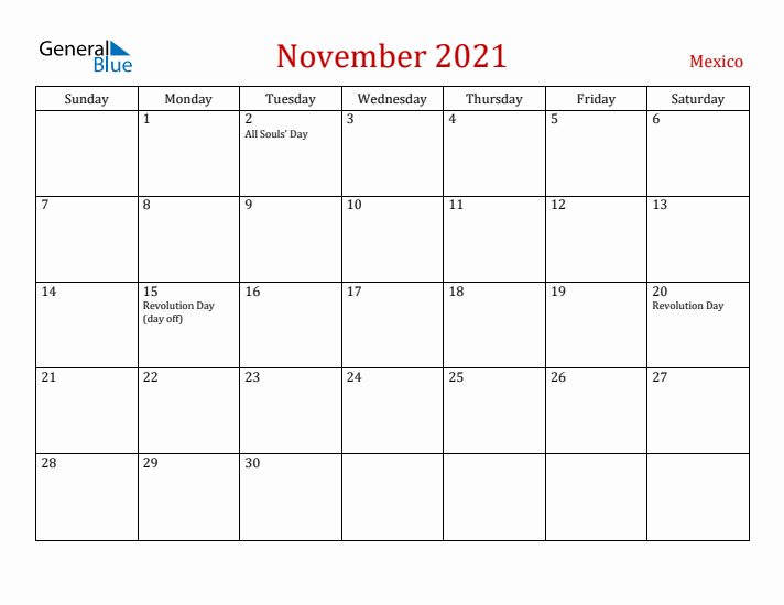 Mexico November 2021 Calendar - Sunday Start