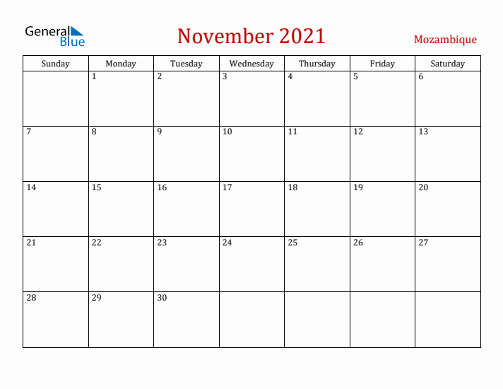 Mozambique November 2021 Calendar - Sunday Start
