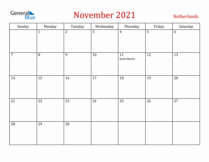 The Netherlands November 2021 Calendar - Sunday Start