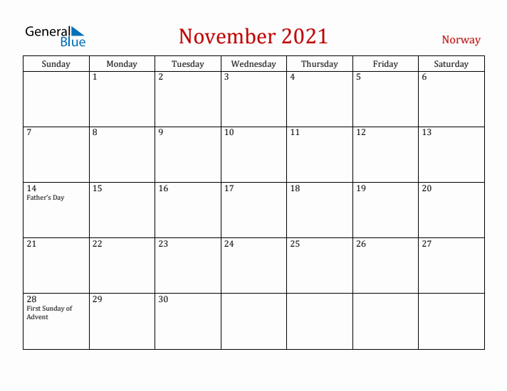 Norway November 2021 Calendar - Sunday Start
