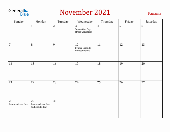 Panama November 2021 Calendar - Sunday Start