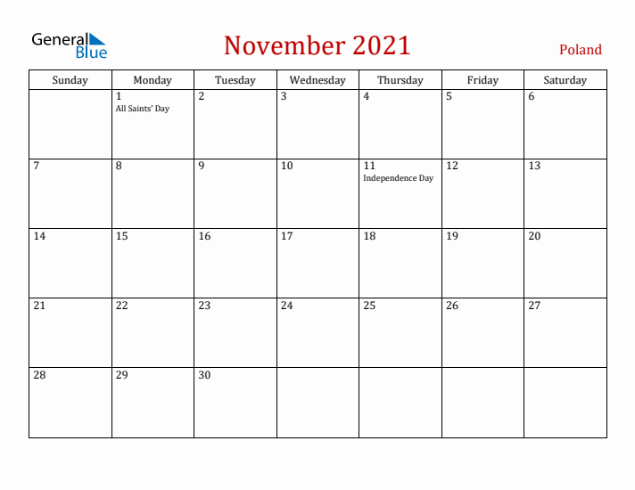 Poland November 2021 Calendar - Sunday Start