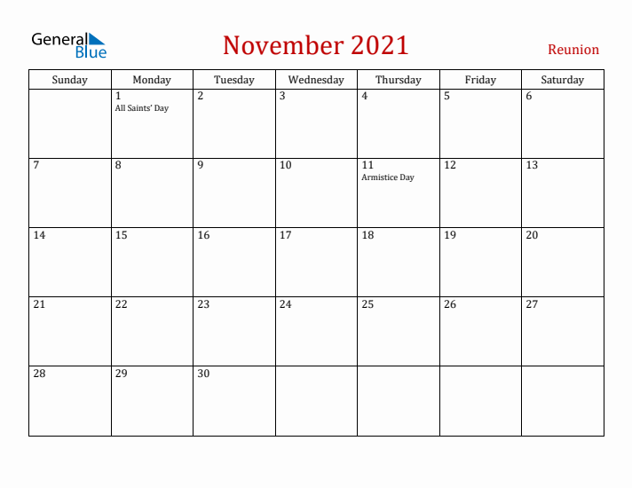 Reunion November 2021 Calendar - Sunday Start