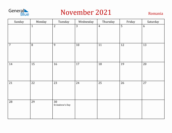 Romania November 2021 Calendar - Sunday Start