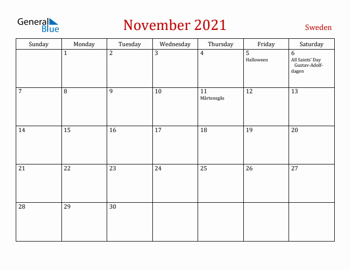 Sweden November 2021 Calendar - Sunday Start
